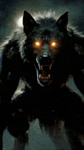 a werewolf with glowing eyes and sharp teeth