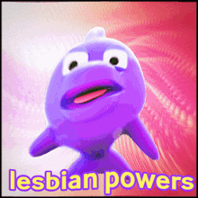 a purple dolphin with a condom on its head and the words lesbian powers below it