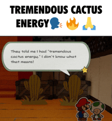 a cartoon of mario talking to a toad with the words " tremendous cactus energy " above him