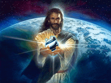 a painting of jesus holding something in his hands