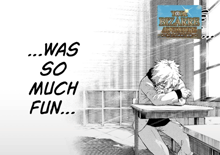 a black and white drawing of a boy sitting at a desk with the words " was so much fun " above him