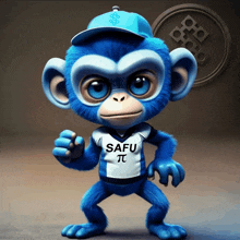 a blue monkey wearing a blue hat and a shirt that says safu pi