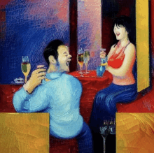 a painting of a man and woman sitting at a table drinking wine