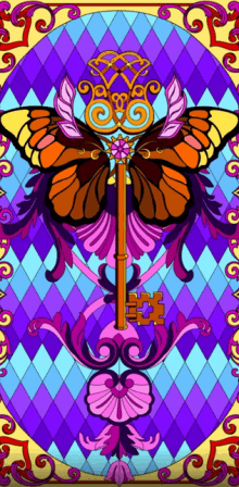 a stained glass painting of a butterfly and a key on a purple background