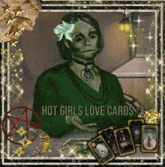 a picture of a woman with the words hot girls love cards < 3 on the bottom
