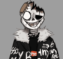 a drawing of a skeleton wearing a jacket that says drip