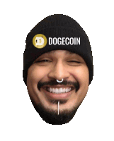 a man with a beard wears a beanie that says dogecoin on it