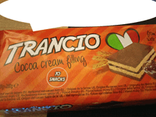 a package of trancio cocoa cream filling with 10 snacks on it