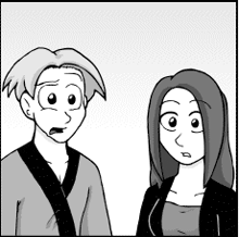 a man and a woman are standing next to each other in a cartoon