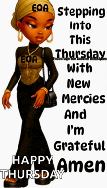 a picture of a woman with the words happy thursday amen on it