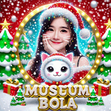 a woman wearing a santa hat is surrounded by christmas trees and gifts and says museum bola