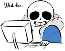 a drawing of a skeleton sitting in front of a computer with the words what the written below him