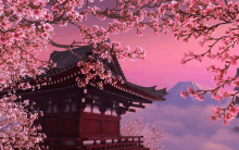 a painting of a pagoda surrounded by cherry blossom trees with a mountain in the background