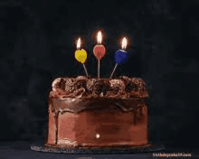 a chocolate birthday cake with four lit candles on a black background .