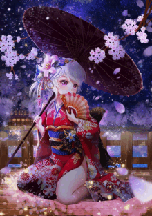 a girl in a red kimono holds an umbrella and a fan