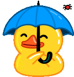 a yellow rubber duck is holding a blue umbrella and a spider is flying in the background .