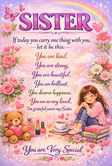 a poster that says sister if today you carry one thing with you let it be this you are kind you are strong you are beautiful