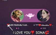 a man and a woman are on a purple background with the words i love you sona on the bottom