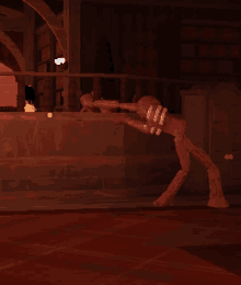 a pixel art drawing of a skeleton holding a sword in a dark room