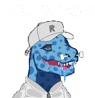 a pixel art drawing of a blue dinosaur wearing a hat with the letter r on it