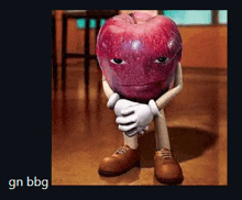 a cartoon apple with arms and legs is sitting on the floor with his hands folded .