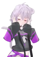 a girl with white hair and a cat ear is wearing a black and purple shirt