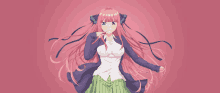 a girl with long pink hair and a green skirt