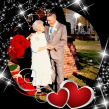 a picture of a man and woman dancing with two red hearts around them