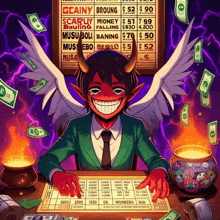 a cartoon drawing of a devil with wings playing a game of gambling