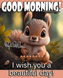 a squirrel is sitting on a tree branch with hearts and says good morning i wish you a beautiful day .