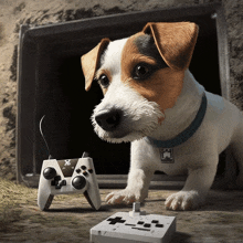 a jack russell terrier looking at a xbox controller