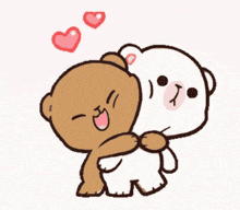 a brown and white teddy bear hugging each other with hearts flying in the background