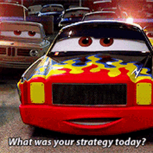 a red and yellow car with the words what was your strategy today written below it