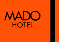 a logo for mado hotel is orange and green