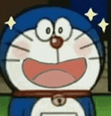 a close up of a cartoon character , doraemon , smiling and looking at the camera .