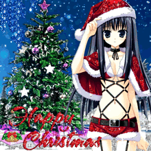 a girl in a santa outfit is standing in front of a christmas tree with the words merry christmas written in red