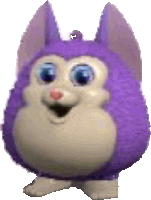 a purple stuffed animal with a white face and blue eyes is standing on its hind legs .