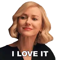 a woman with blonde hair says i love it in white letters