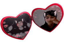 a heart shaped mirror has a picture of a man with cat ears