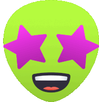 a green smiley face with pink stars in its eyes