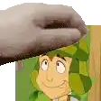 a close up of a cartoon character 's face with a hand reaching out towards it .