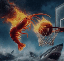 a flaming lobster is playing basketball with sharks in the water