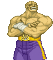 a pixel art drawing of a muscular man with his arms crossed