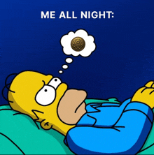 a cartoon of homer simpson laying in bed thinking about an oreo