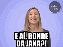 a woman in a leather jacket is laughing with the words eai bonde da jana written in black