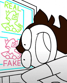 a cartoon of a person looking at a screen that says real fake