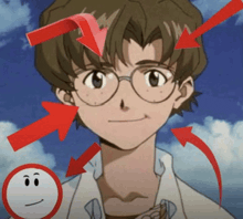 a close up of a cartoon character with red arrows pointing at his face
