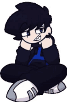 a cartoon boy is sitting on the floor with his legs crossed and his head resting on his hands .