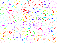 a bunch of colorful hearts with words on them including love