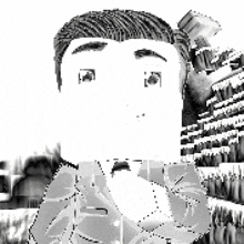 a black and white drawing of a man 's face with a blurred background .